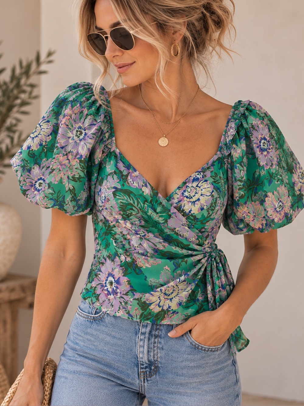NWOT Floral Chiffon Puff Sleeve Wrap Top
